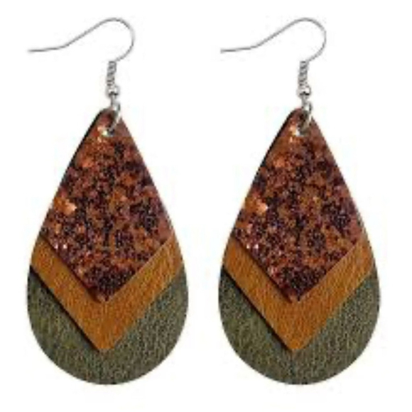 Unbranded Jewelry - Layered Leather Teardrop Earrings Olive Brown Copper